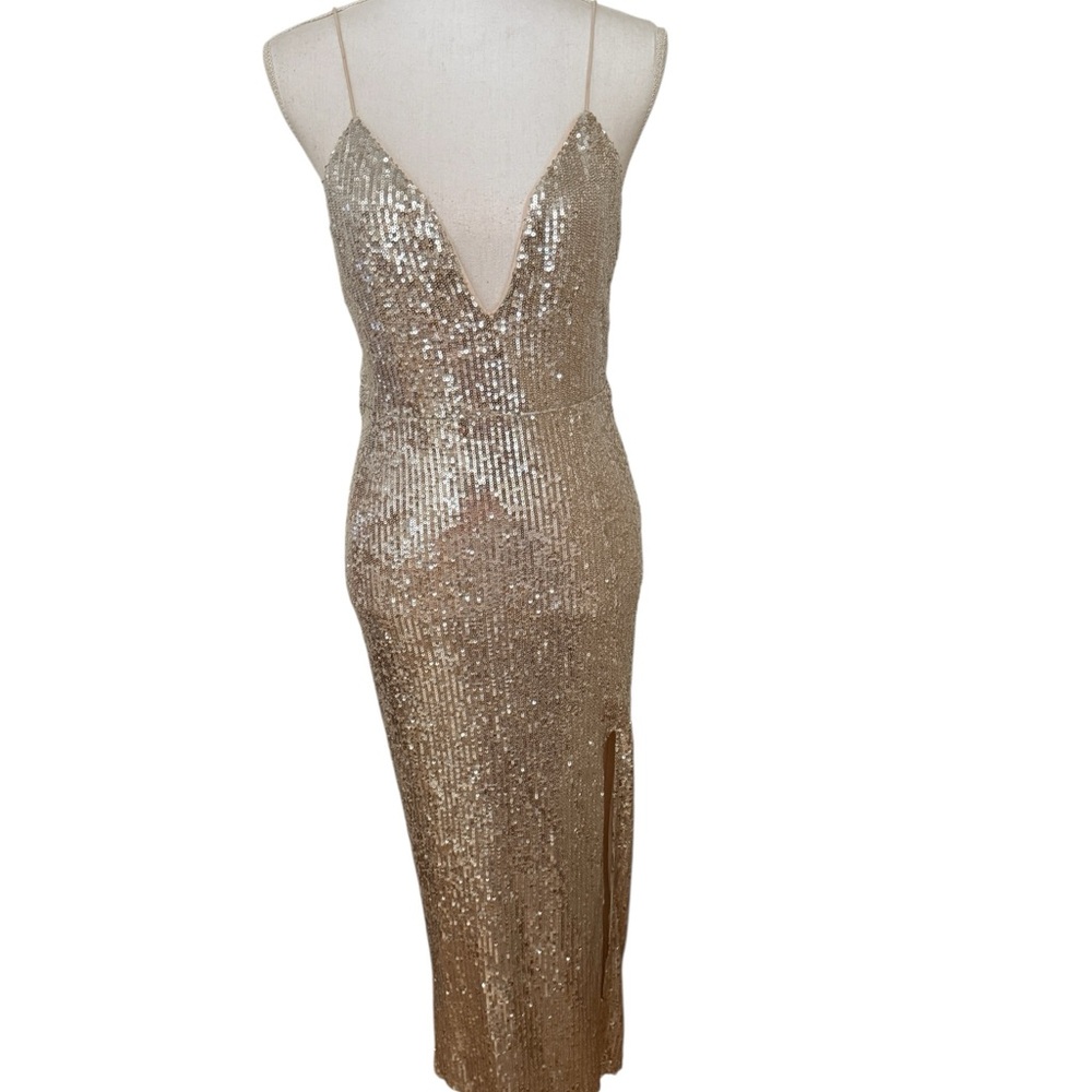 Fashion Nova Gold Sequin Deep V Neck Glamorous Backless Dress Size XL